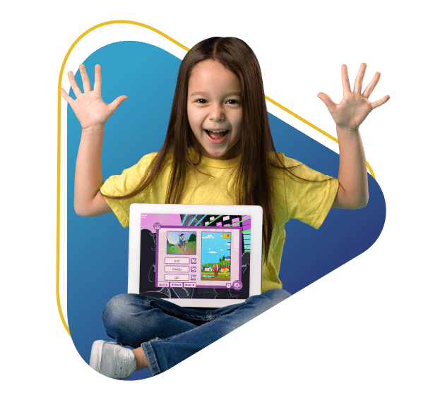 Girl with tablet in play button, using reading software