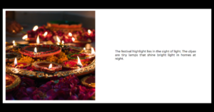 Open eBook page showing an illustration of diyas from a Diwali celebration with text from the decodable book.