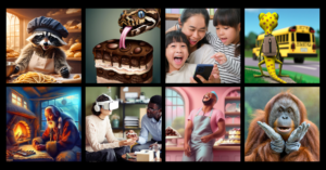 Collage of images from the MindPlay Decodable Book Collection, including a raccoon chef, a snake licking a chocolate cake, an excited family looking at a tablet, a gecko waiting for a school bus, an older Inuit man crafting by the fire, a woman using VR, a black male chef laughing in a bakery, and an orangutan wearing leather gloves smiling.